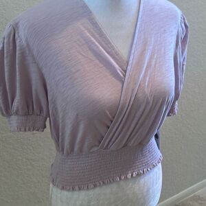 Goldie Lewinter Size S Short Sleeve Crossover Top Lilac Purple Smocked Crop NWT